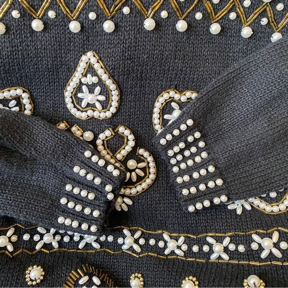 Vintage 80s oversized Margules Black pearl bead embellished tunic sweater large - Picture 4 of 12